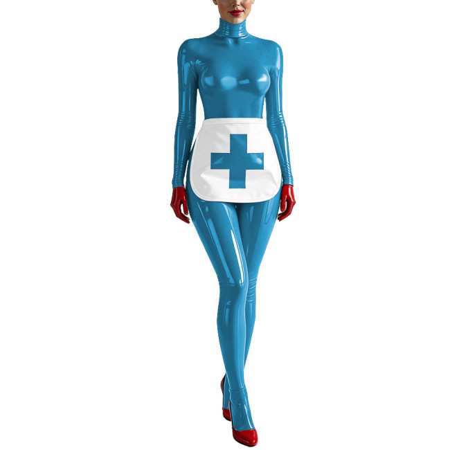 Party Cosplay Nurse Catsuit Long Sleeve PVC Vinyl Leather Bodysuit with Apron Wetlook Nurse Uniforms Halloween Roleplay Jumpsuit
