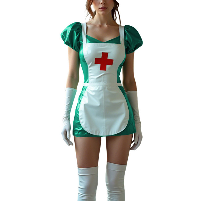 Sexy Women PVC Leather Fetish Nurse Dress Glossy Tight Short Sleeve Cosplay Nurse Doctor Uniforms Halloween Carnival Costumes