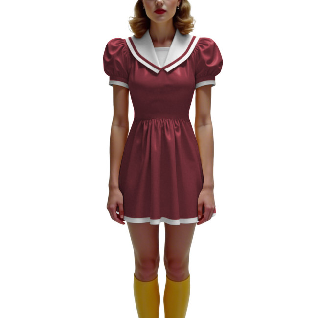 Anime Glossy PVC Leather Mini Dress Womens Preppy Short Sleeve Pleated Mini Dress Cosplay Costume Halloween Party School Uniform