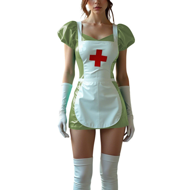 Sexy Women PVC Leather Fetish Nurse Dress Glossy Tight Short Sleeve Cosplay Nurse Doctor Uniforms Halloween Carnival Costumes