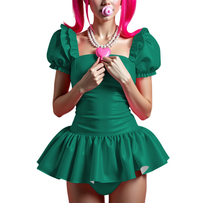 Women's PVC Shiny Tutu Bodysuit Puff Sleeve Square Neck Ruffle Skirted Rompers for Cosplay Lolita Theme Party High Cut Catsuit