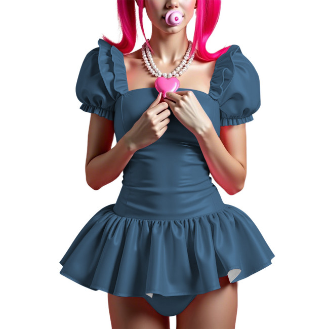 Women's PVC Shiny Tutu Bodysuit Puff Sleeve Square Neck Ruffle Skirted Rompers for Cosplay Lolita Theme Party High Cut Catsuit