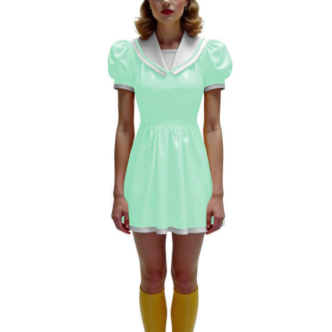 Anime Glossy PVC Leather Mini Dress Womens Preppy Short Sleeve Pleated Mini Dress Cosplay Costume Halloween Party School Uniform