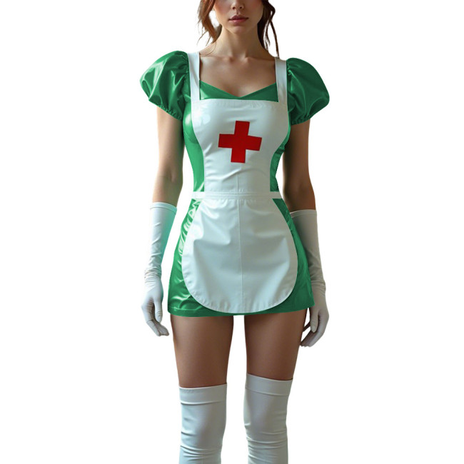 Sexy Women PVC Leather Fetish Nurse Dress Glossy Tight Short Sleeve Cosplay Nurse Doctor Uniforms Halloween Carnival Costumes
