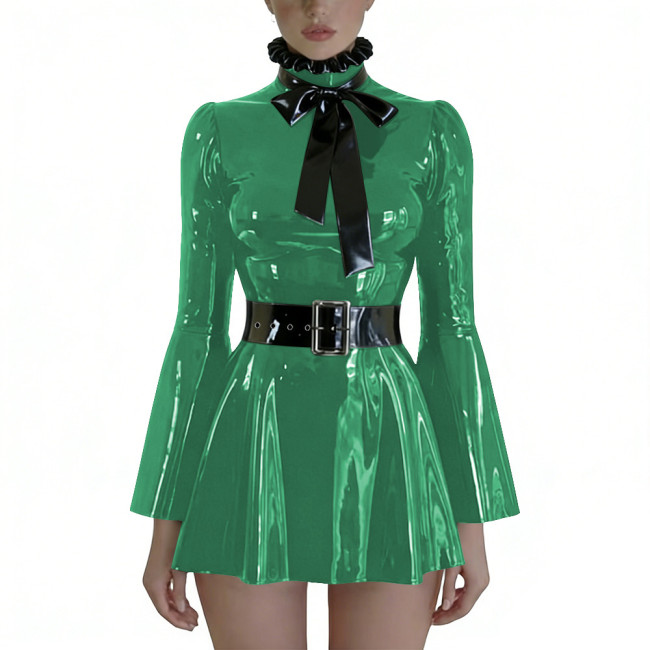 Plus Size Wetlook PVC Swing Dresses with Bow Chic Preppy Style Long Flare Sleeve Belted Dress Party Glossy Short Gown Clubwear