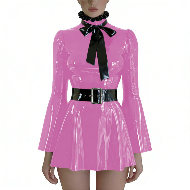 Plus Size Wetlook PVC Swing Dresses with Bow Chic Preppy Style Long Flare Sleeve Belted Dress Party Glossy Short Gown Clubwear