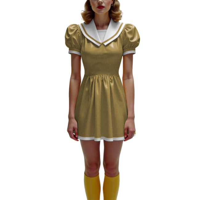 Anime Glossy PVC Leather Mini Dress Womens Preppy Short Sleeve Pleated Mini Dress Cosplay Costume Halloween Party School Uniform