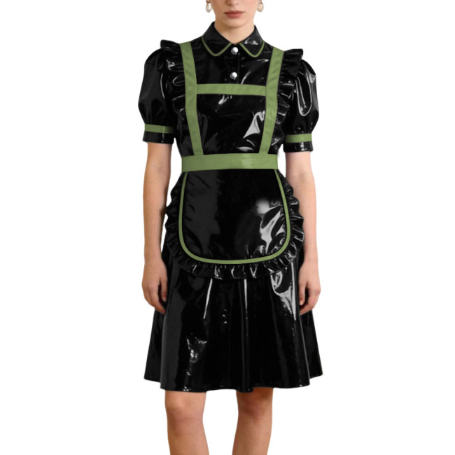 Gothic Style PVC Patent Leather Maid Uniform Puff Sleeves Apron A-line Dress with Button Front Sissy Cosplay Party Maid Outfits