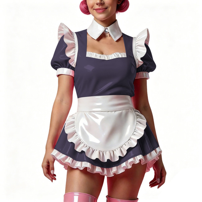Sissy Short Maid Cosplay Prom Dress Shiny PVC Puff Sleeve A-Line Mini Dress with Choker French Apron Cocktail Party Dress Outfit