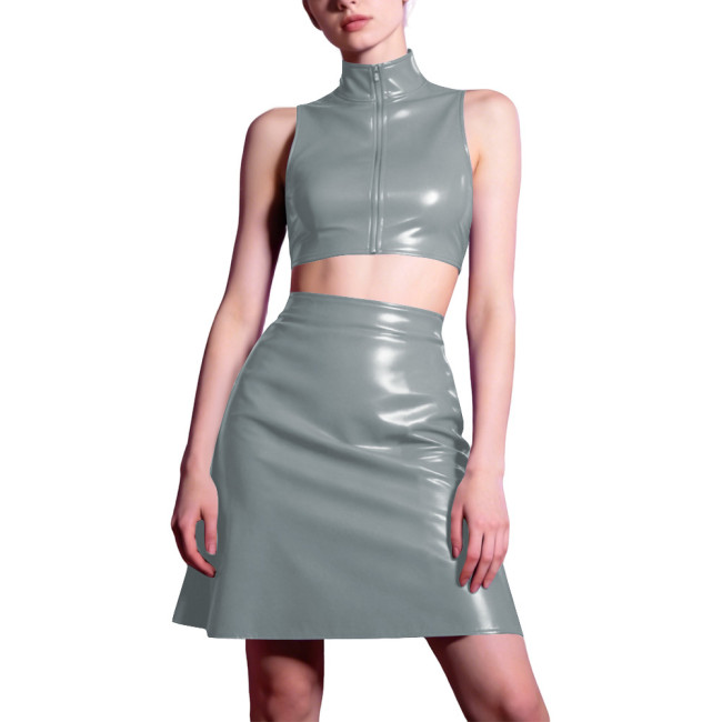 Ladies Glossy High Street Skirt Set PVC Shiny Long Sleeve Crop Top with Short Skirts Plus Size Womens Clothing Club Uniforms