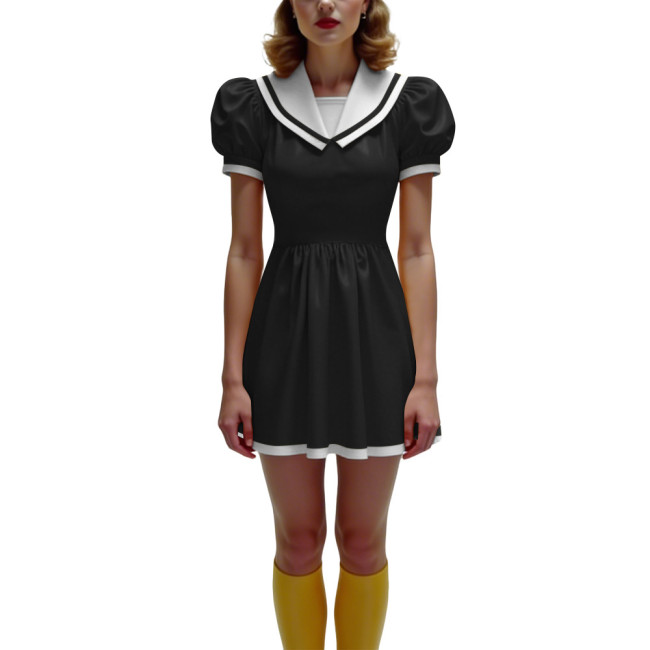 Anime Glossy PVC Leather Mini Dress Womens Preppy Short Sleeve Pleated Mini Dress Cosplay Costume Halloween Party School Uniform