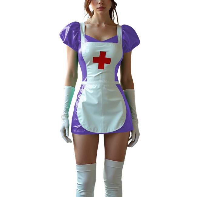 Sexy Women PVC Leather Fetish Nurse Dress Glossy Tight Short Sleeve Cosplay Nurse Doctor Uniforms Halloween Carnival Costumes