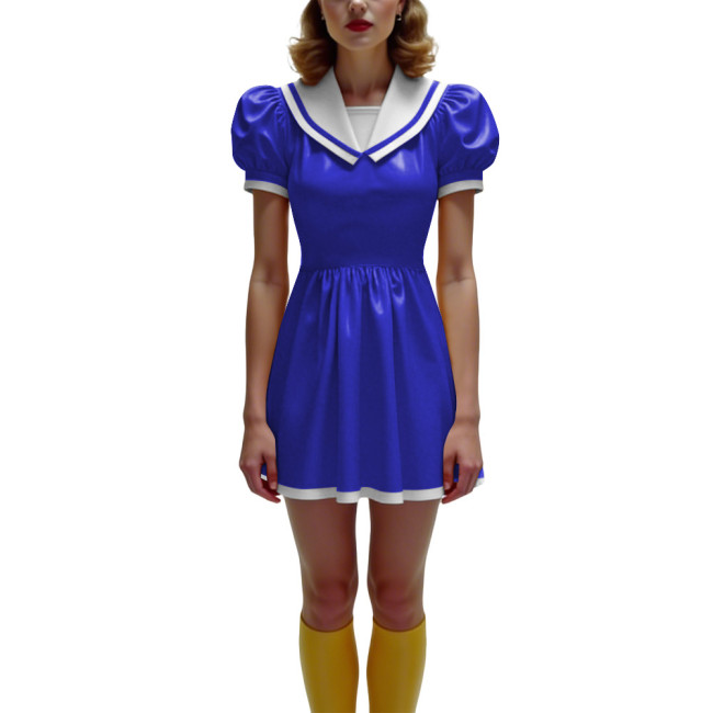 Anime Glossy PVC Leather Mini Dress Womens Preppy Short Sleeve Pleated Mini Dress Cosplay Costume Halloween Party School Uniform