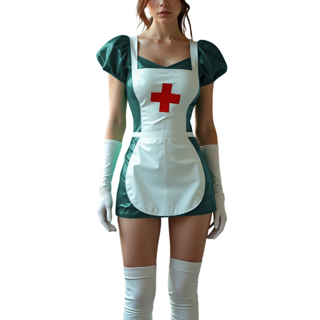 Sexy Women PVC Leather Fetish Nurse Dress Glossy Tight Short Sleeve Cosplay Nurse Doctor Uniforms Halloween Carnival Costumes