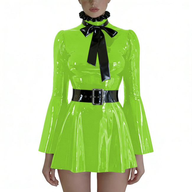 Plus Size Wetlook PVC Swing Dresses with Bow Chic Preppy Style Long Flare Sleeve Belted Dress Party Glossy Short Gown Clubwear