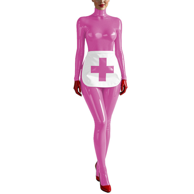 Party Cosplay Nurse Catsuit Long Sleeve PVC Vinyl Leather Bodysuit with Apron Wetlook Nurse Uniforms Halloween Roleplay Jumpsuit