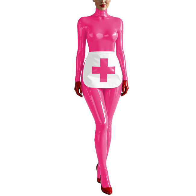 Party Cosplay Nurse Catsuit Long Sleeve PVC Vinyl Leather Bodysuit with Apron Wetlook Nurse Uniforms Halloween Roleplay Jumpsuit