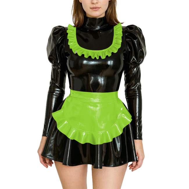 Adult Dressing Sissy Maid Uniforms Puff Long Sleeve High Neck PVC Shiny Short Maid Dress with Apron Role Play Dress Outfits