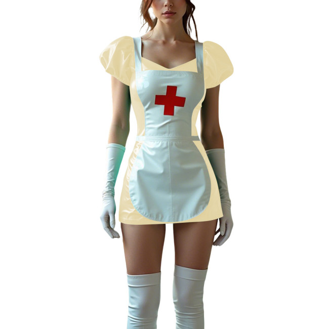 Sexy Women PVC Leather Fetish Nurse Dress Glossy Tight Short Sleeve Cosplay Nurse Doctor Uniforms Halloween Carnival Costumes