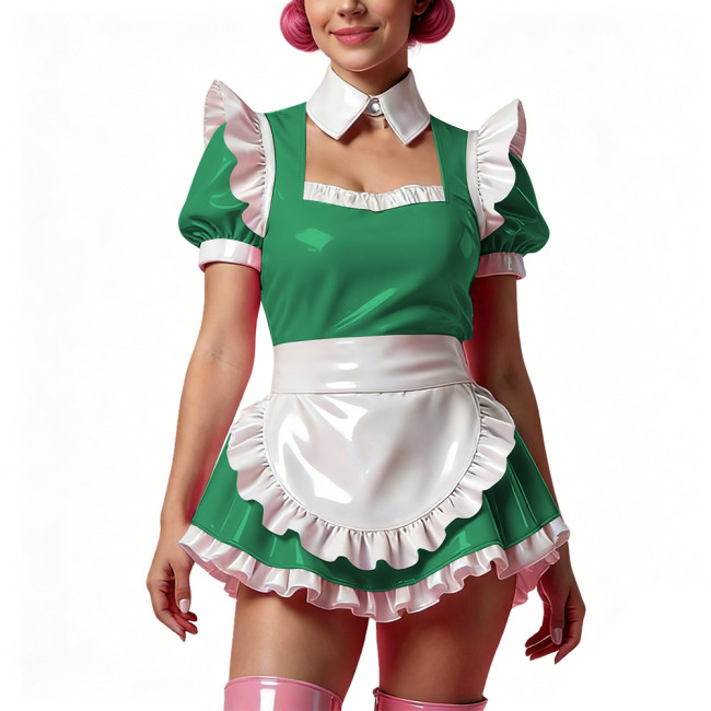 Sissy Short Maid Cosplay Prom Dress Shiny PVC Puff Sleeve A-Line Mini Dress with Choker French Apron Cocktail Party Dress Outfit