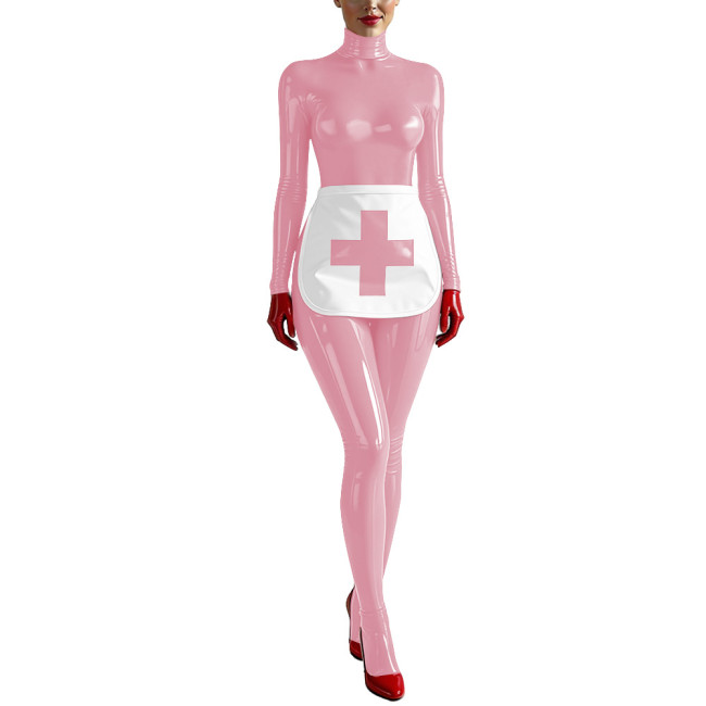 Party Cosplay Nurse Catsuit Long Sleeve PVC Vinyl Leather Bodysuit with Apron Wetlook Nurse Uniforms Halloween Roleplay Jumpsuit