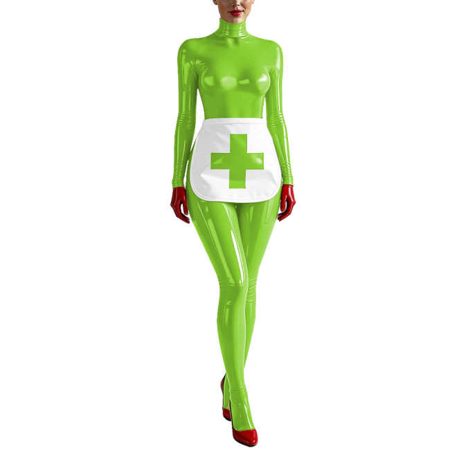 Party Cosplay Nurse Catsuit Long Sleeve PVC Vinyl Leather Bodysuit with Apron Wetlook Nurse Uniforms Halloween Roleplay Jumpsuit
