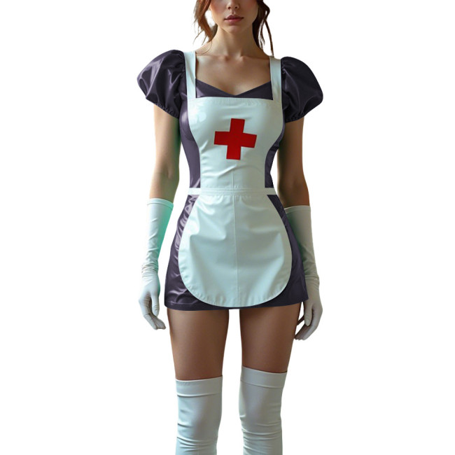 Sexy Women PVC Leather Fetish Nurse Dress Glossy Tight Short Sleeve Cosplay Nurse Doctor Uniforms Halloween Carnival Costumes