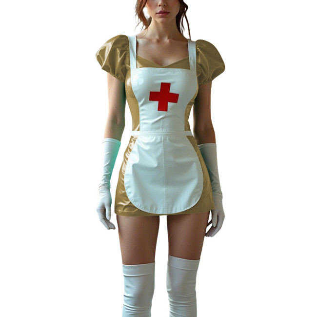 Sexy Women PVC Leather Fetish Nurse Dress Glossy Tight Short Sleeve Cosplay Nurse Doctor Uniforms Halloween Carnival Costumes