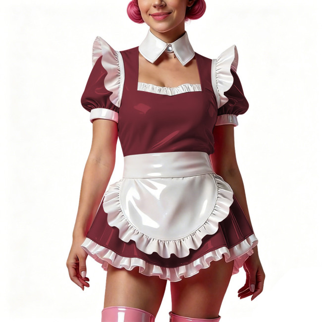 Sissy Short Maid Cosplay Prom Dress Shiny PVC Puff Sleeve A-Line Mini Dress with Choker French Apron Cocktail Party Dress Outfit