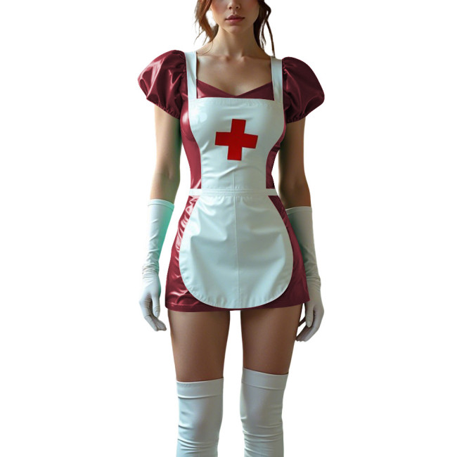 Sexy Women PVC Leather Fetish Nurse Dress Glossy Tight Short Sleeve Cosplay Nurse Doctor Uniforms Halloween Carnival Costumes