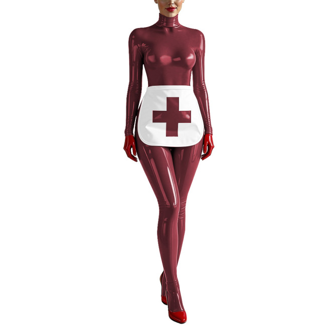 Party Cosplay Nurse Catsuit Long Sleeve PVC Vinyl Leather Bodysuit with Apron Wetlook Nurse Uniforms Halloween Roleplay Jumpsuit