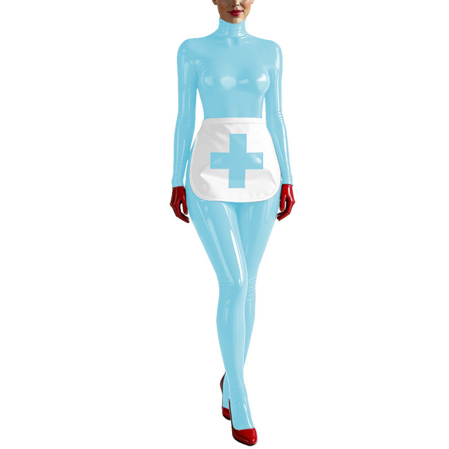 Party Cosplay Nurse Catsuit Long Sleeve PVC Vinyl Leather Bodysuit with Apron Wetlook Nurse Uniforms Halloween Roleplay Jumpsuit