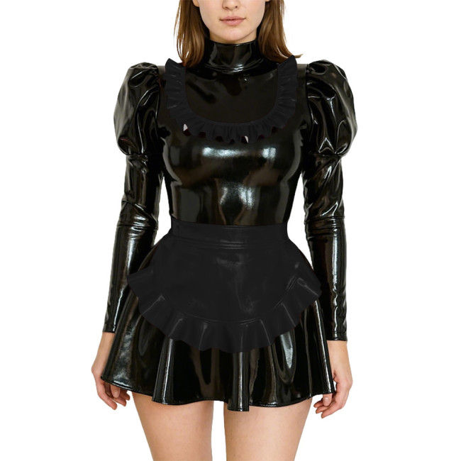 Adult Dressing Sissy Maid Uniforms Puff Long Sleeve High Neck PVC Shiny Short Maid Dress with Apron Role Play Dress Outfits