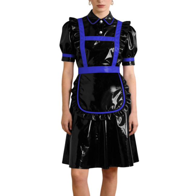 Gothic Style PVC Patent Leather Maid Uniform Puff Sleeves Apron A-line Dress with Button Front Sissy Cosplay Party Maid Outfits