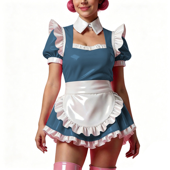 Sissy Short Maid Cosplay Prom Dress Shiny PVC Puff Sleeve A-Line Mini Dress with Choker French Apron Cocktail Party Dress Outfit