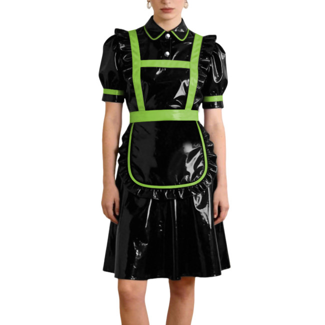 Gothic Style PVC Patent Leather Maid Uniform Puff Sleeves Apron A-line Dress with Button Front Sissy Cosplay Party Maid Outfits