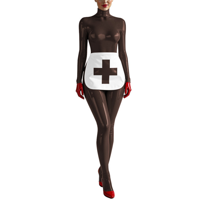 Party Cosplay Nurse Catsuit Long Sleeve PVC Vinyl Leather Bodysuit with Apron Wetlook Nurse Uniforms Halloween Roleplay Jumpsuit