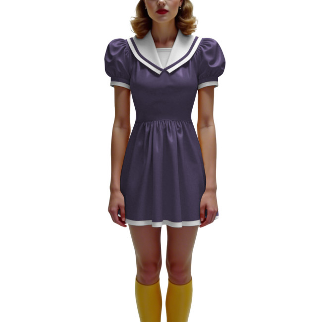 Anime Glossy PVC Leather Mini Dress Womens Preppy Short Sleeve Pleated Mini Dress Cosplay Costume Halloween Party School Uniform