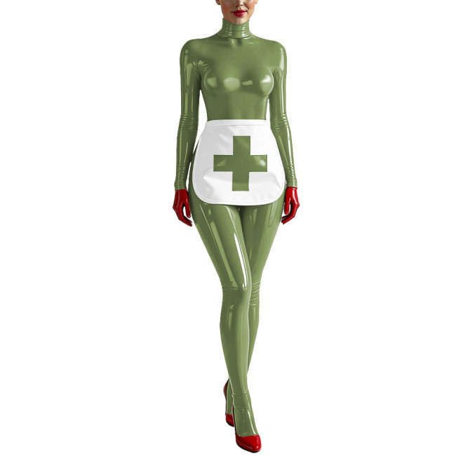 Party Cosplay Nurse Catsuit Long Sleeve PVC Vinyl Leather Bodysuit with Apron Wetlook Nurse Uniforms Halloween Roleplay Jumpsuit