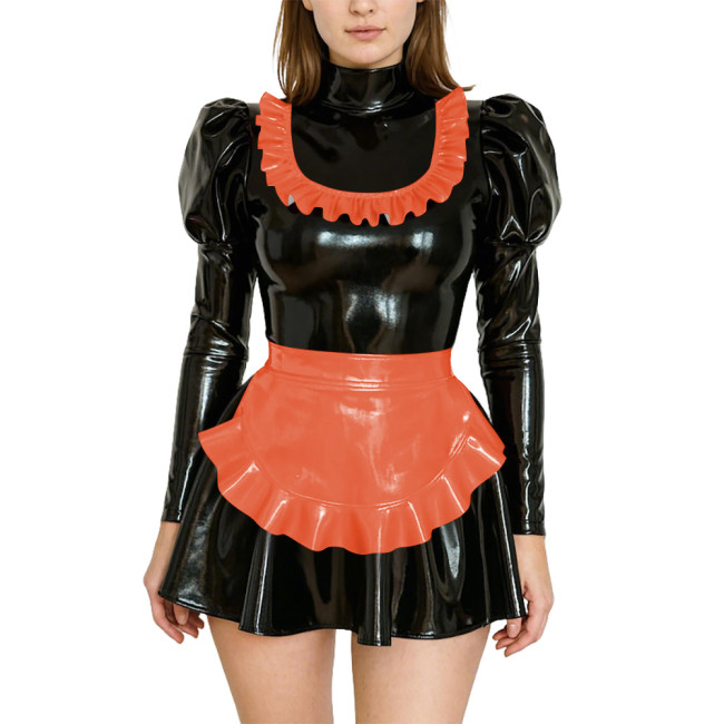 Adult Dressing Sissy Maid Uniforms Puff Long Sleeve High Neck PVC Shiny Short Maid Dress with Apron Role Play Dress Outfits