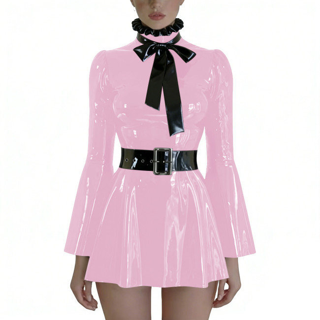 Plus Size Wetlook PVC Swing Dresses with Bow Chic Preppy Style Long Flare Sleeve Belted Dress Party Glossy Short Gown Clubwear