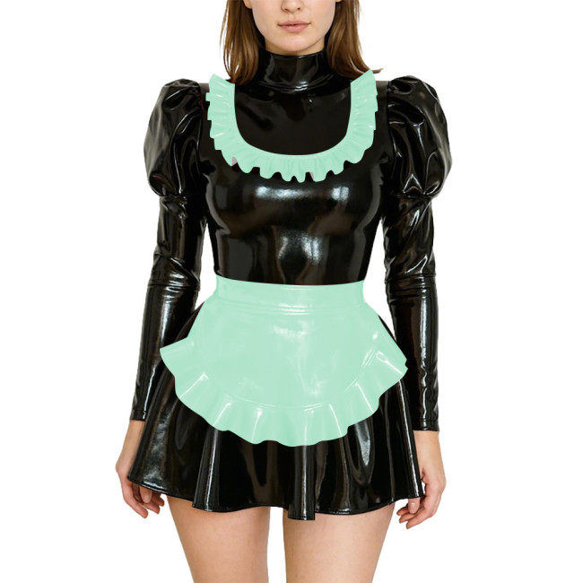 Adult Dressing Sissy Maid Uniforms Puff Long Sleeve High Neck PVC Shiny Short Maid Dress with Apron Role Play Dress Outfits