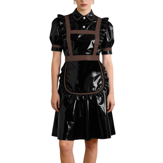 Gothic Style PVC Patent Leather Maid Uniform Puff Sleeves Apron A-line Dress with Button Front Sissy Cosplay Party Maid Outfits