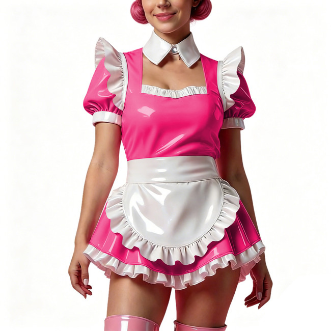 Sissy Short Maid Cosplay Prom Dress Shiny PVC Puff Sleeve A-Line Mini Dress with Choker French Apron Cocktail Party Dress Outfit