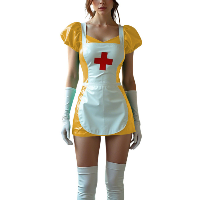 Sexy Women PVC Leather Fetish Nurse Dress Glossy Tight Short Sleeve Cosplay Nurse Doctor Uniforms Halloween Carnival Costumes