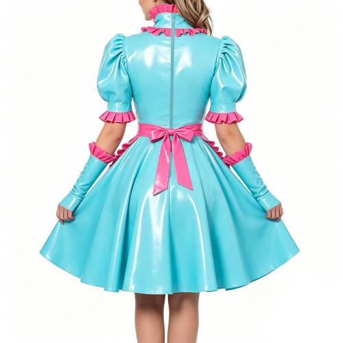Sexy Hollow Vinyl PVC Leather Maid Dress High Neck Ruffles Trims Puff Sleeve A-Line Dress with Gloves Apron Naughty Maid Uniform