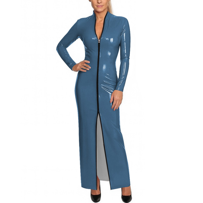 Y2K Shiny Wetlook Bodycon Rave Party Maxi Dress Long Sleeve Cosplay Dress Front Zip PVC Leather Gown Sexy Latex-Like Clubwear