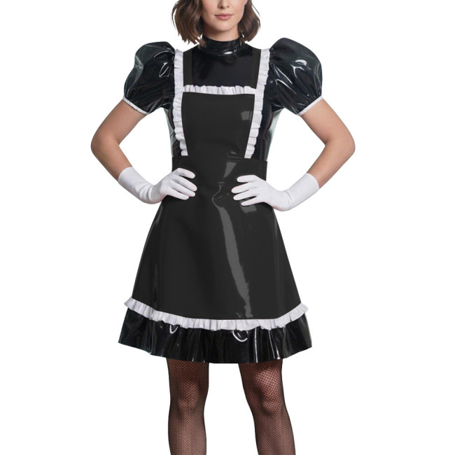 Sweet Puff Sleeve Lolita Wetlook Maid Dress Glossy PVC Leather Anime Theme Party Dress Gothic Puff Sleeve Cosplay French Costume