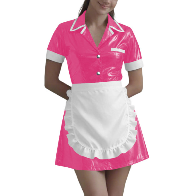 Women Wetlook Maid Cosplay Mini Dress Cute Ruffle Apron Lolita Halloween Short Sleeve PVC Leather Party Sexy Waitress Uniform