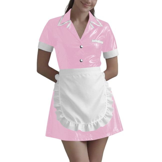 Women Wetlook Maid Cosplay Mini Dress Cute Ruffle Apron Lolita Halloween Short Sleeve PVC Leather Party Sexy Waitress Uniform